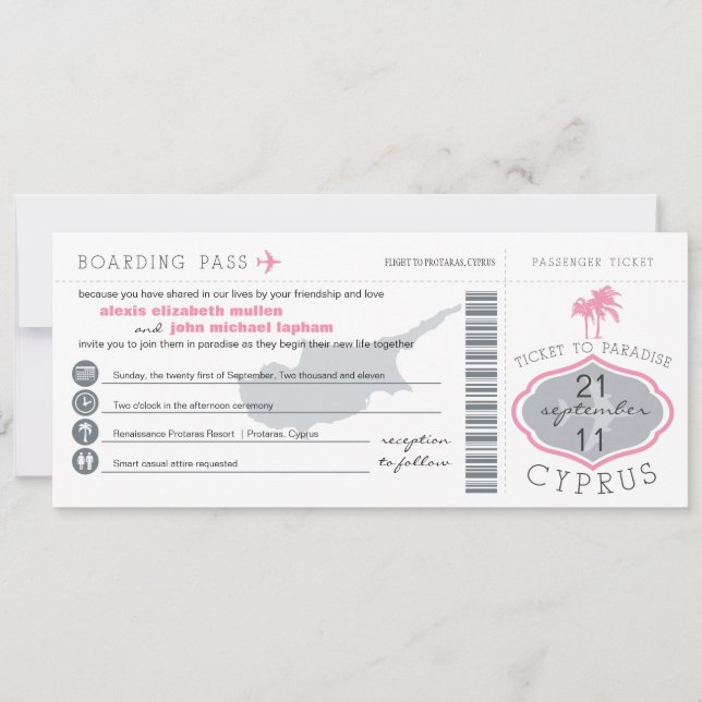 Boarding Pass to Cyprus Wedding Invitation (Front)