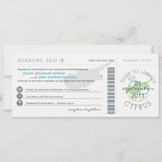 Boarding Pass to Cyprus Wedding Invitation (Front)
