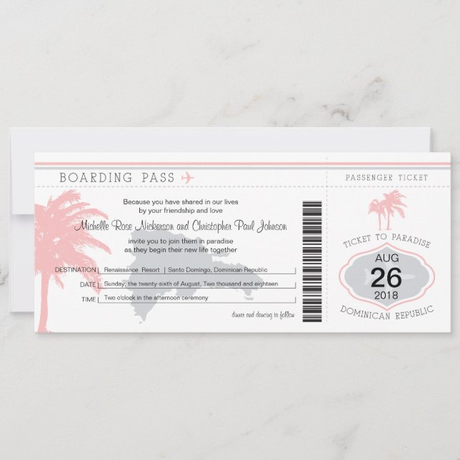 Boarding Pass to Dominican Republic Wedding Invitation (Front)