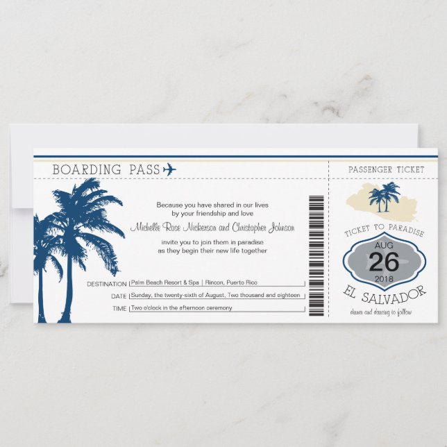 Boarding Pass to El Salvador Wedding Invitation (Front)