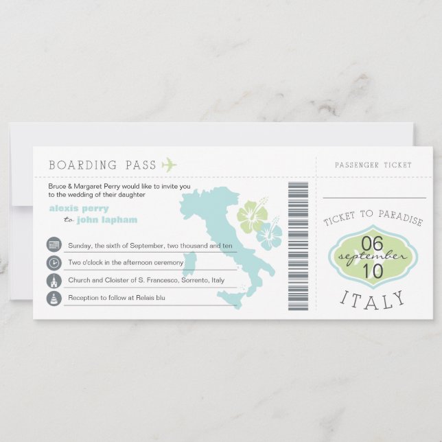 Boarding Pass to Italy Wedding Invitation (Front)