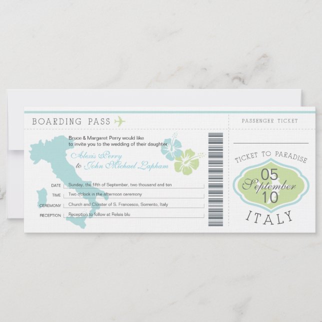 Boarding Pass to Italy Wedding Invitation (Front)