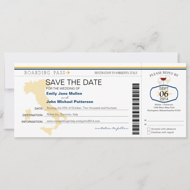 Boarding Pass to Italy Wedding Invitation (Front)