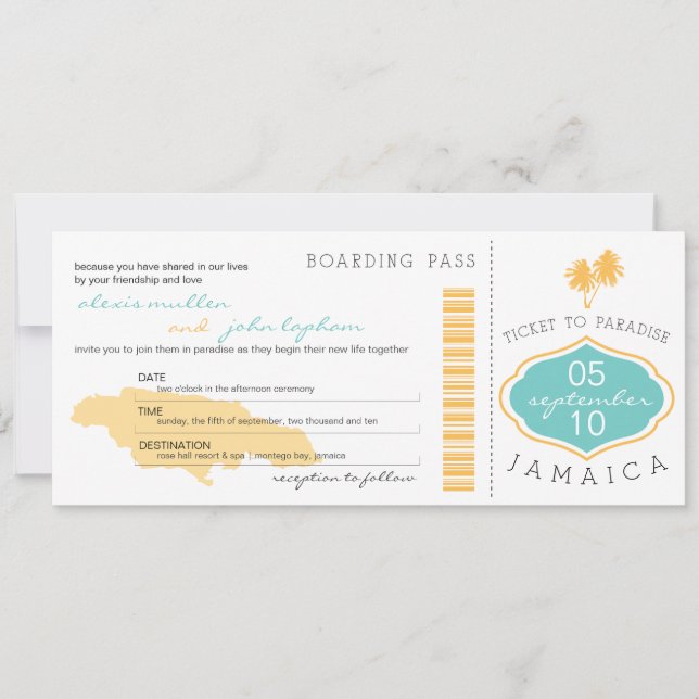 Boarding Pass to Jamaica Wedding Invitation (Front)