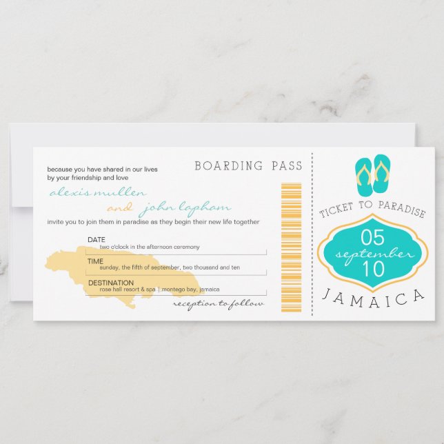 Boarding Pass to Jamaica Wedding Invitation (Front)