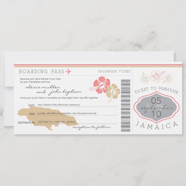 Boarding Pass to Jamaica Wedding Invitation (Front)