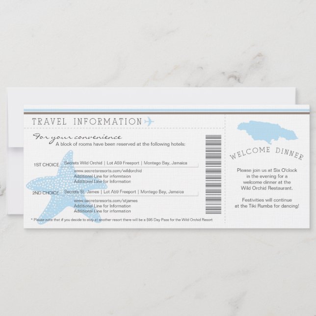 Boarding Pass to Jamaica Wedding Travel Info Invitation (Front)