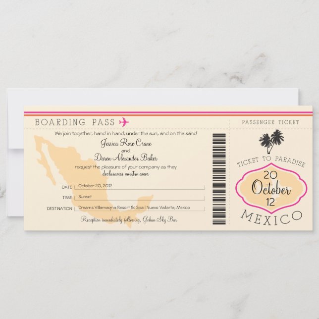Boarding Pass to Mexico Wedding Invitation (Front)
