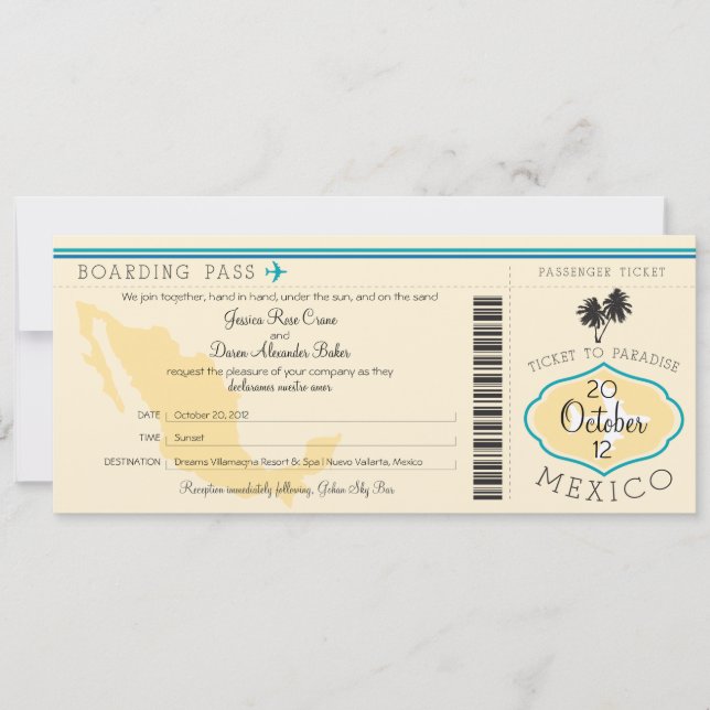 Boarding Pass to Mexico Wedding Invitation (Front)