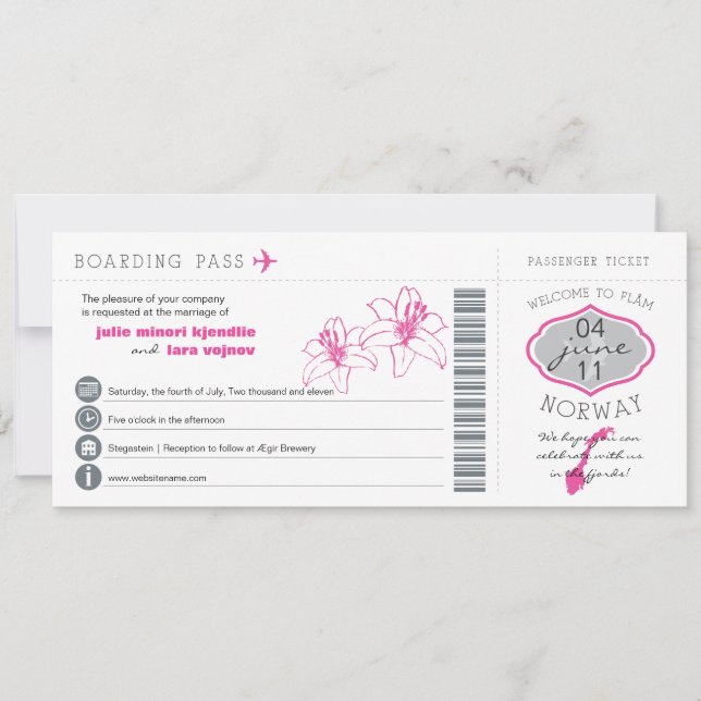 Boarding Pass to Norway Wedding Invitation (Front)