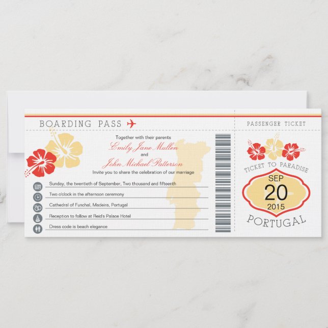 Boarding Pass to Portugal Wedding Invitation (Front)