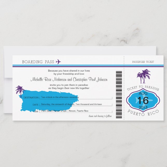 Boarding Pass to Puerto Rico Wedding Invitation (Front)