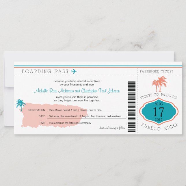 Boarding Pass to Puerto Rico Wedding Invitation (Front)