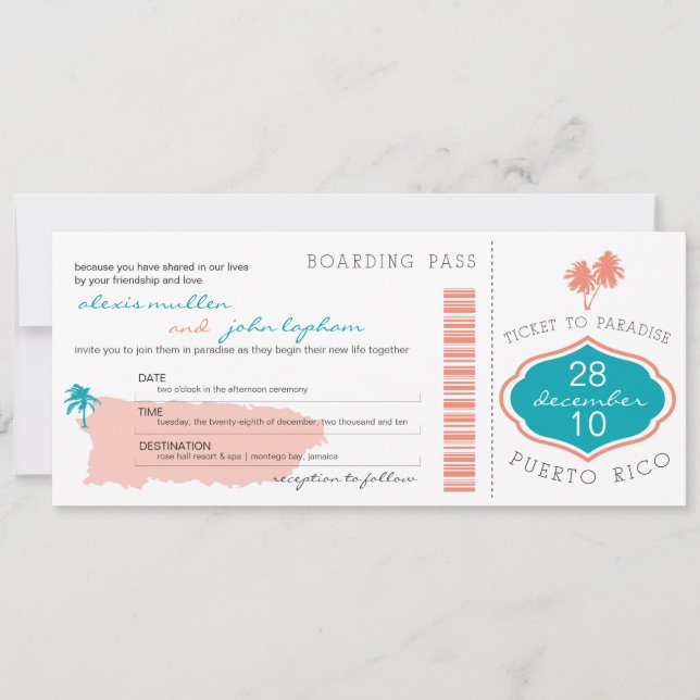 Boarding Pass to Puerto Rico Wedding Invitation (Front)