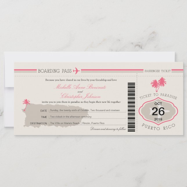 Boarding Pass to Puerto Rico Wedding Invitation (Front)