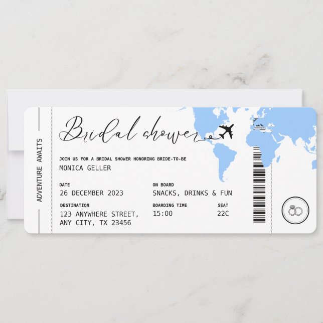 Boarding Pass Travel Bridal Shower Baby Blue Invitation (Front)
