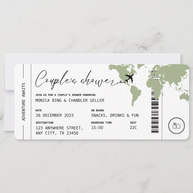 Boarding Pass Travel Couple's Shower Sage Green Invitation (Front)