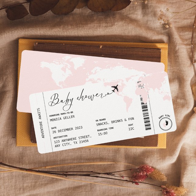 Boarding Pass Travel Modern Pink Girl Baby Shower Invitation (Creator Uploaded)
