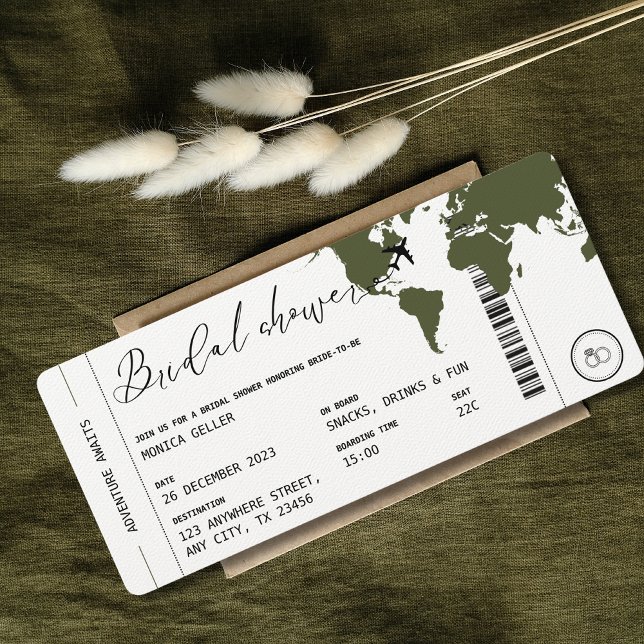 Boarding Pass Travel Themed Bridal Shower Olive Invitation (Bridal Shower Boarding Pass Olive Green Modern Unique Travel Themed)