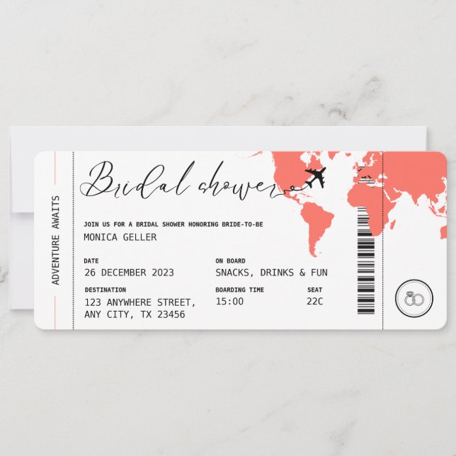 Boarding Pass Travel Themed Coral Bridal Shower Invitation (Front)