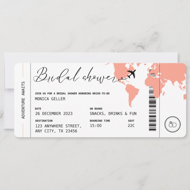 Boarding Pass Travel Themed Coral Bridal Shower Invitation (Front)