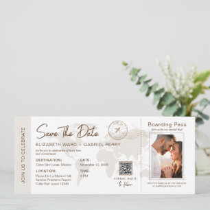Boarding Pass Travel Wedding Beige Invitation