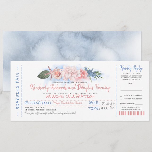 Boarding Pass | Tropical Beach | Wedding Ticket Invitation (Front/Back)