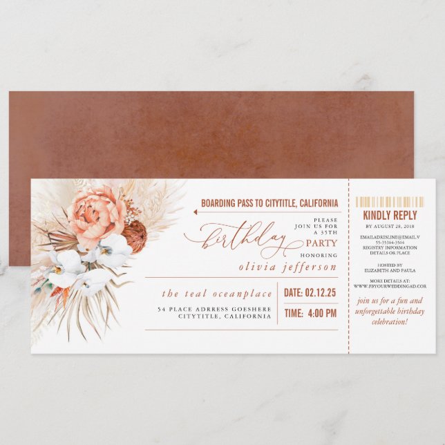Boarding Pass Tropical Floral Birthday Ticket Invitation (Front/Back)