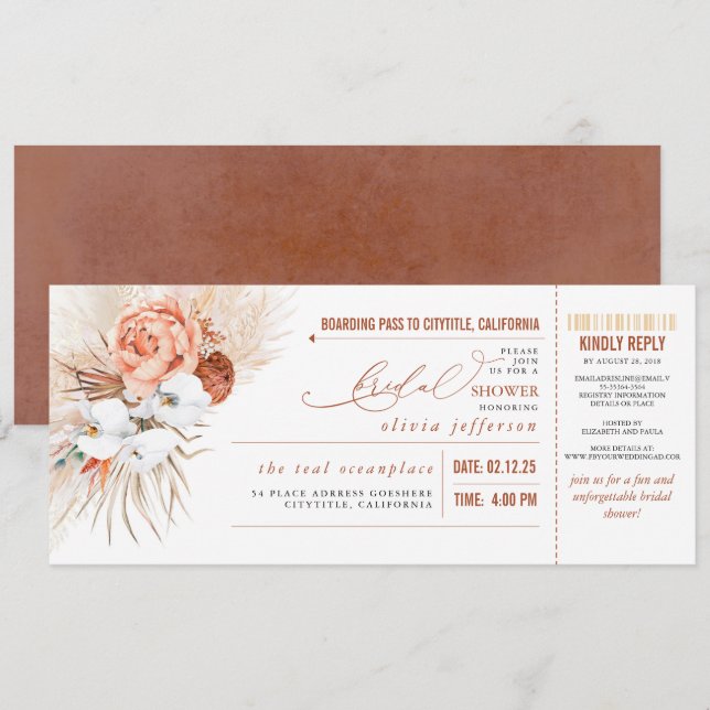 Boarding Pass Tropical Floral Bridal Shower Ticket Invitation (Front/Back)
