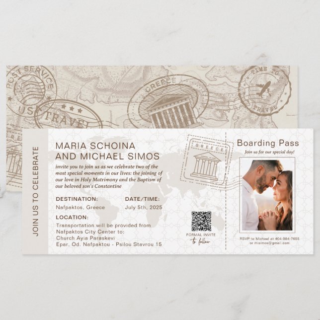 Boarding Pass Wedding & Baptism Greece New Invitation (Front/Back)