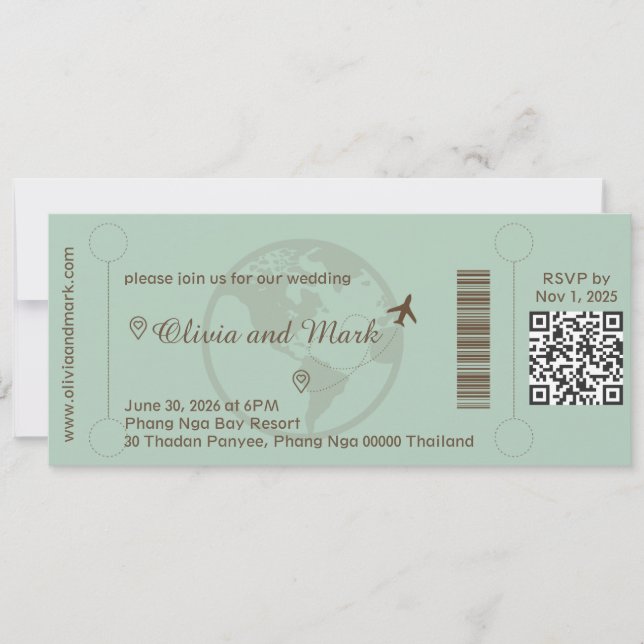 Boarding Pass Wedding Invitation – Sage & Beige (Front)