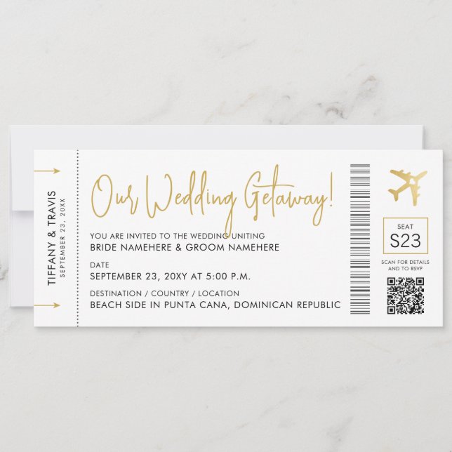 Boarding Pass with QR Code Destination Wedding  Invitation (Front)