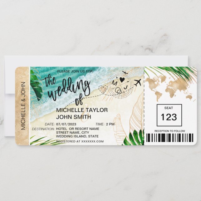 Boarding Pass World Map Tropical Island Invitation (Front)
