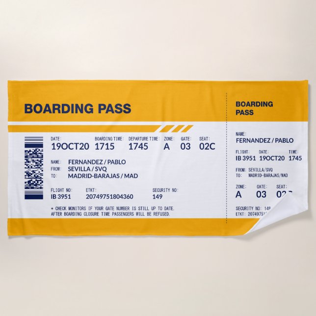Boarding Pass - Yellow Beach Towel (Front)