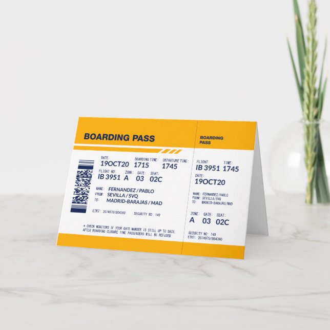 Boarding Pass - Yellow Thank You Card (Front)