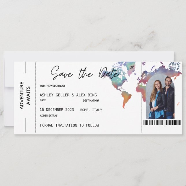 Boarding Ticket Save The Date With Photo  Invitation (Front)