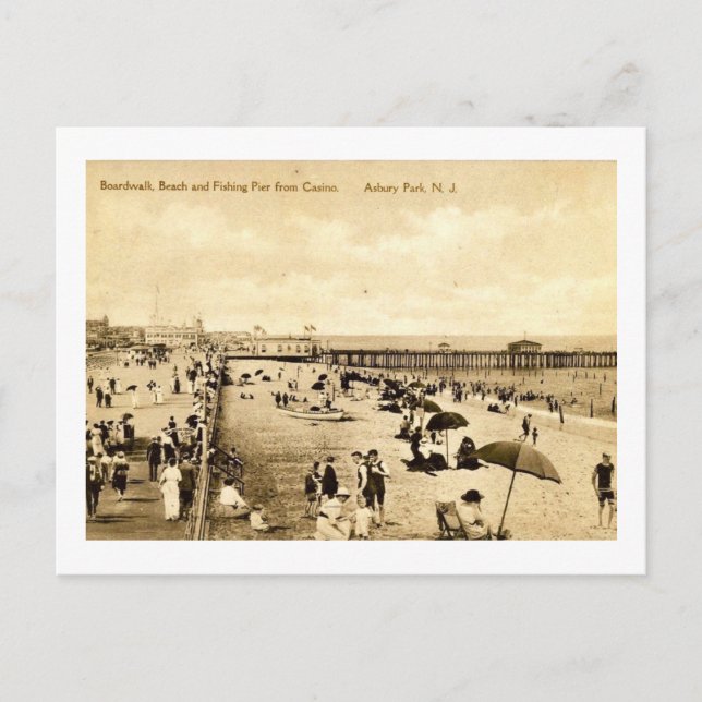 Boardwalk & Beach, Asbury Park, New Jersey Vintage Postcard (Front)