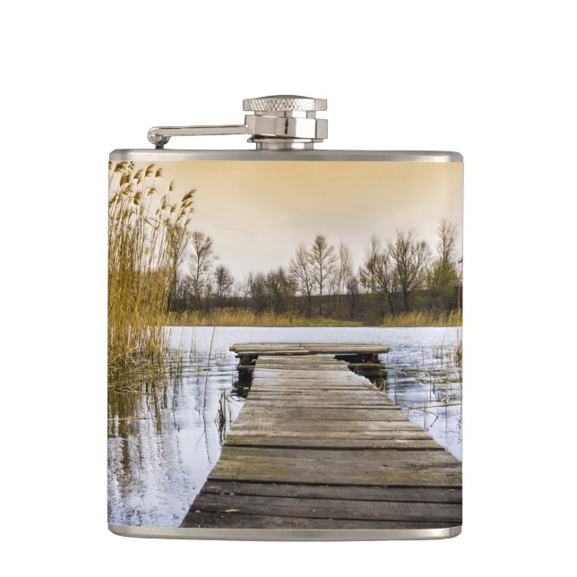 Boardwalk Dock on Ukraine River Hip Flask (Front)