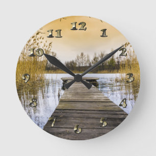 Boardwalk Dock on Ukraine River Round Clock