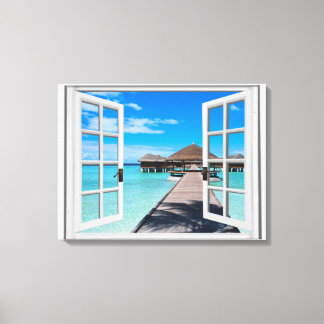 Boardwalk Ocean View Faux Window Canvas Print