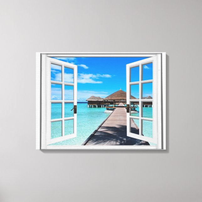 Boardwalk Ocean View Faux Window Canvas Print (Front)