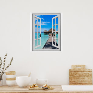 Boardwalk Pier Ocean View Faux Window Poster