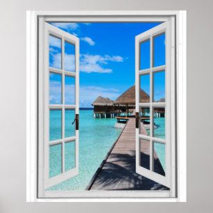Boardwalk Pier Ocean View Faux Window Poster