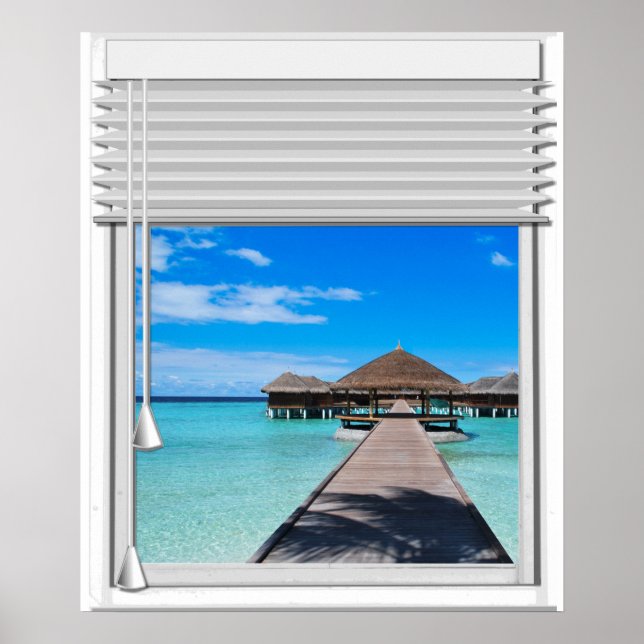 Boardwalk Pier Sea View Fake Window With Blinds Poster (Front)