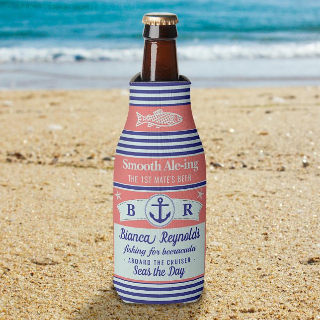 Boat 1st Mate Nautical Sailor Striped Coral Beer Bottle Cooler (Creator Uploaded)