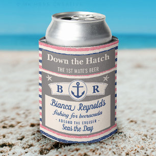 Boat 1st Mate Nautical Sailor Striped Cute Beer Can Cooler