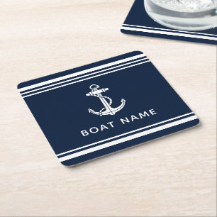 Boat Anchor Name Navy Blue Nautical Custom Square Paper Coaster