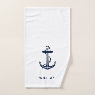 Boat Anchor Nautical Navy Blue Personalized Hand Towel
