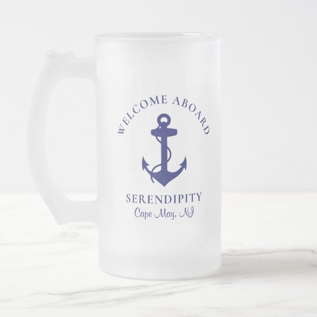 Boat Anchor Navy Blue Personalised Frosted Glass Beer Mug (Left)