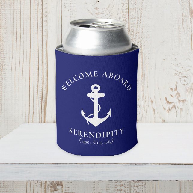 Boat Anchor Navy Blue Personalised Name Can Cooler (Creator Uploaded)